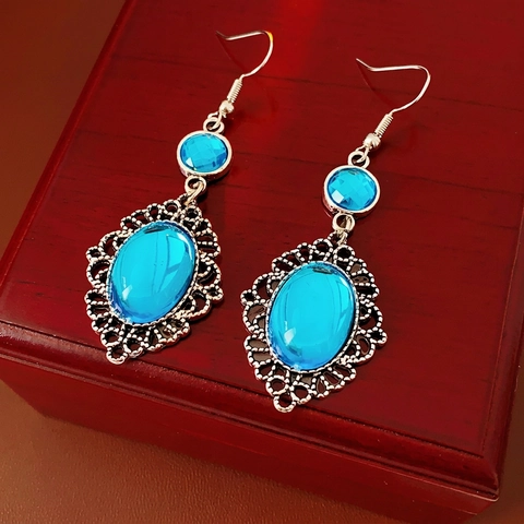 Boucles D'oreilles En Résine Bleue Bohème Vintage Avec Monture En Alliage Dentelle Creuse Bijoux Style Ethnique Pour Femmes