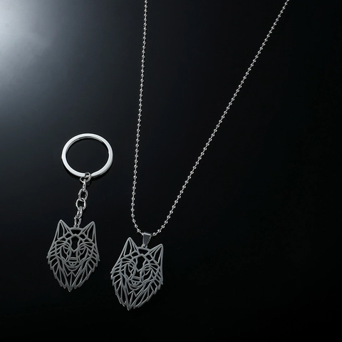 Collier Pendentif Tête De Loup Et Porte Clés Géométrique Creux Acier Inoxydable Bijoux Pour Hommes