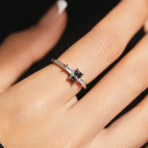 S925 Sterling Silver Ring For Women Square Multicolor Zirconia Inlaid Three Stone Geometric Light Luxury Band Ring Jewelry Gift
