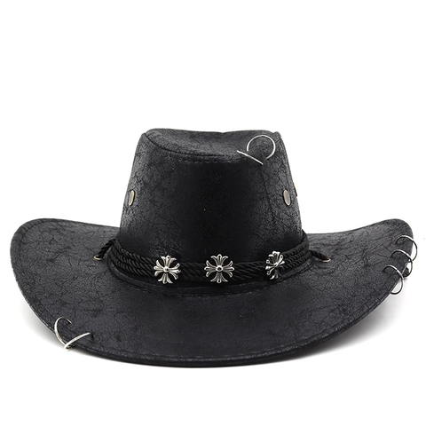 Cappello Da Cowboy Western Vintage Texture Ecopelle Invecchiata Tesa Larga Ciondoli In Metallo Croce Corda Antivento Regolabile