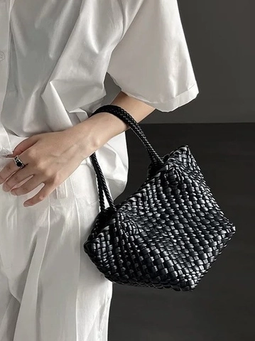 Geflochtene Eimertasche Aus PU Leder Intrecciato Stil Mit Passender Innentasche Weiche Leichte Handtasche