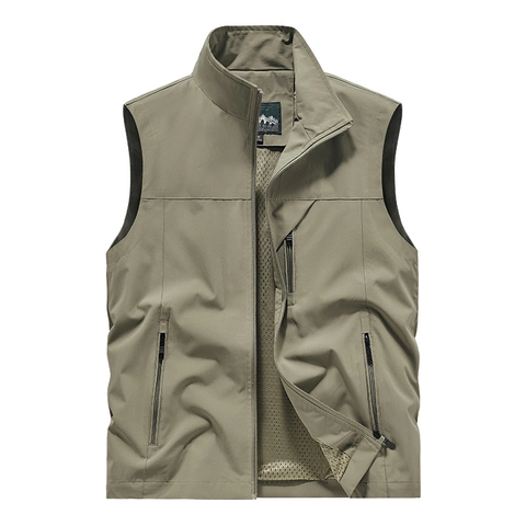 Men's Outdoor Multi-Pocket Utility Vest Stand Collar Zipper Casual Summer Lightweight Mesh Lining Workwear Waistcoat