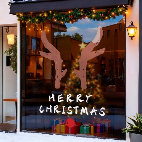 Christmas Reindeer Antler Window Clings PVC Static Double Sided Merry Christmas Glass Decals Festive Party Home Decoration