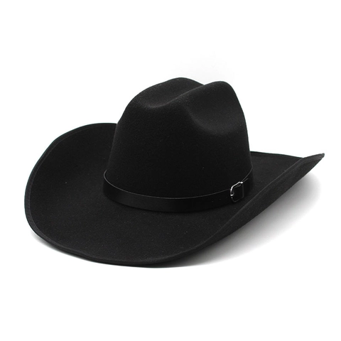 Chapeau De Cow-Boy Occidental Feutre De Laine Large Bord Roulé Rétro Fedora Avec Ceinture Décorative Boucle Protection Solaire