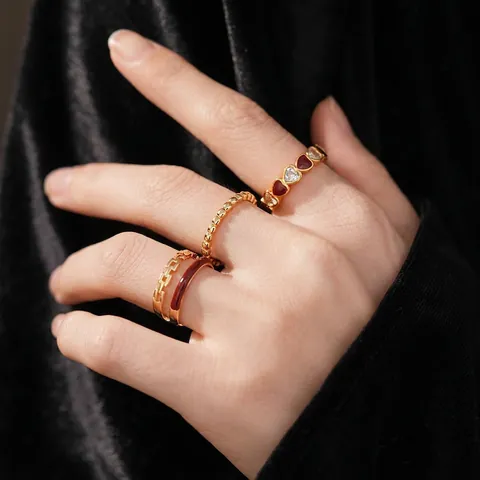 Vintage Copper Gold Plated Open Rings For Women Retro Red Enamel Heart Zircon Beaded Adjustable Finger Jewelry