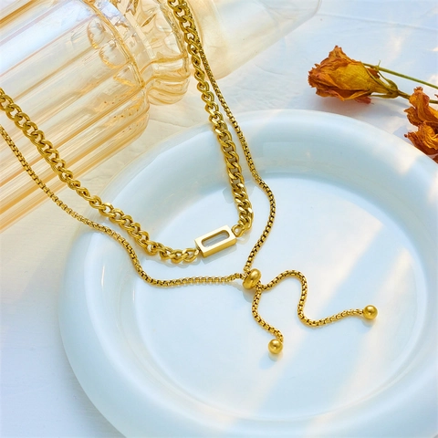 Double Layered Gold Stainless Steel Necklace With Rectangular Rhinestone Pendant Adjustable Long Chain For Women Jewelry