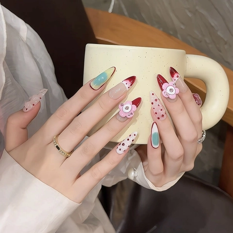 Handgefertigte 3D Blumen Onychoplastik Lange Stiletto Verlauf Rouge Strass Wiederverwendbare Künstliche Nägel Für Damen Mode Schmuck