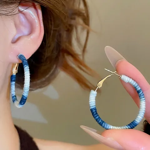 Blue Gradient Cotton Thread Wrap Round Hoop Earrings With 925 Sterling Silver Earring Post For Women Bohemian Jewelry