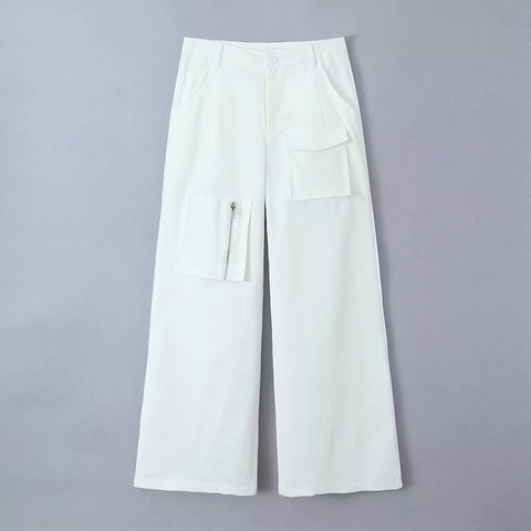 Pantalón Cargo Blanco Mujer Poliéster Pierna Ancha Múltiples Bolsillos Informal Cintura Baja
