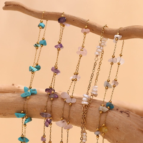 Tobillera de Acero Inoxidable Bañada en Oro de 18K Hecha a Mano Con Piedra Natural Perla de Agua Dulce Joyería para Mujer