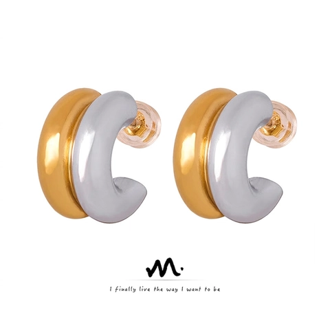 Minimalist C Shape Hoop Earrings Titanium Steel Two Tone Gold Silver Polished Geometric Jewelry For Women French Style
