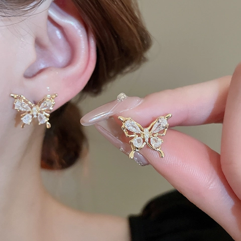 Orecchini A Lobo Farfalla Zircone Perla Artificial Imitazione Gioielli In Rame Con Perno In Argento Sterling 925 Elegante Donna