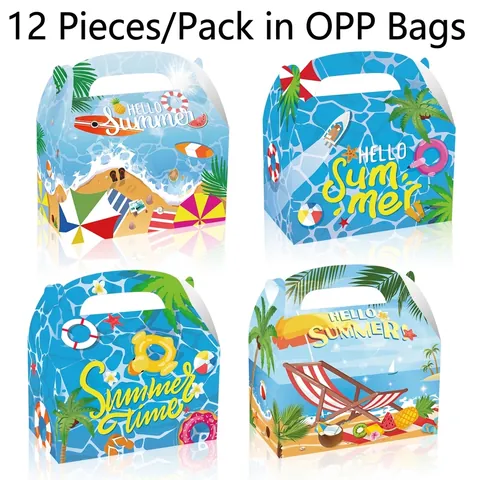 Summer Beach Theme Favor Boxes Paper Handheld Candy Gift Gable Box Tropical Palm Tree Surfboard Pattern Party Supplies