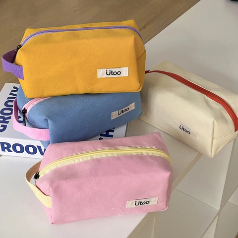 Borsa Per Trucco In Tela Portatile Colori A Contrasto Pochette Da Viaggio Organizer Minimalista Con Cerniera Per Cosmetici