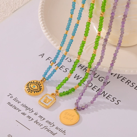 Kristallperlen Anhänger Halskette Titanstahl Böser Blick Schmetterling Viel Glück Boho Modeschmuck Für Damen