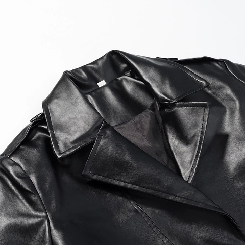 Trench-coat Long en Similicuir pour Femmes Revers Simple Boutonnage Noir Veste en Cuir PU avec Ceinture Mode Automne Hiver