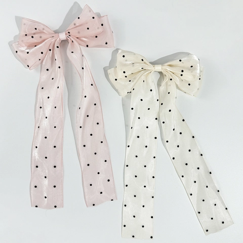 Elegante Pinza para Cabello con Lazo de Malla a Lunares Con Cinta Larga para Mujer Accesorio para el Cabello