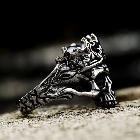 Anillo De Calavera Con Corona Para Hombre Acero Inoxidable Retro Gótico Punk Ajustable Joyería