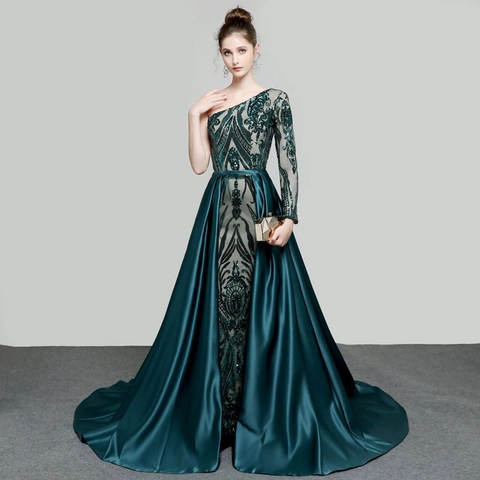Women Sequin Embroidery Single Shoulder Long Sleeve Evening Gown Satin Mermaid Formal Party Dress Elegant Sexy