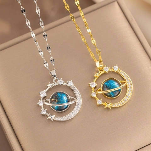 Y2K-Stil Planet Stern Anhänger Halskette Für Damen Kupfer Zirkonia Glas Blau Universum Luxus Design Minimalistischer Schmuck