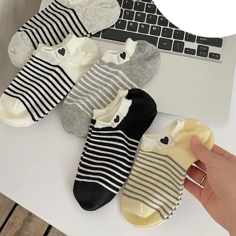 Women Ankle Socks Combed Cotton Striped Pattern Heart Embroidery Low Cut Breathable Casual
