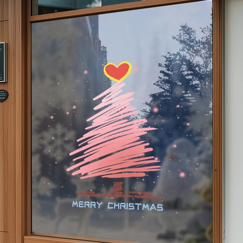 Pink Christmas Tree Window Sticker Static Cling PVC Glass Decal Hand Drawn Graffiti Style Heart Merry Christmas Decor