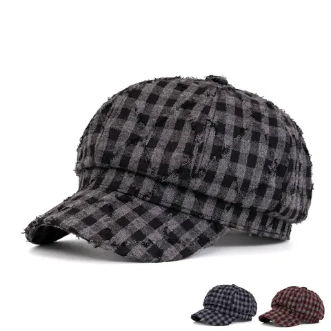 Vintage Plaid Newsboy Cap For Women Cotton Polyester Blend Distressed Frayed Edge Octagonal Hat Retro Adjustable Hat