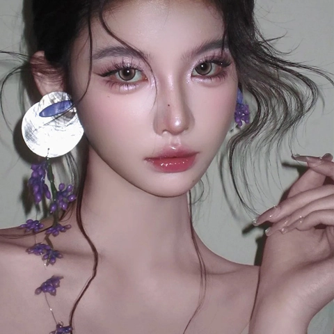 Asymmetric Purple Flower Bead Tassel Drop Earrings With Silver Alloy Disk Mother Of Artificial Pearl Artistic Elegant For Women