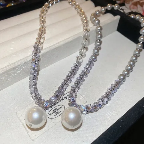 Artificial Pearl Pendant Necklace With 925 Sterling Silver Faceted Crystal Beaded Clavicle Chain Rhinestone Jewelry For Women Girls