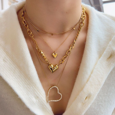 Elegant Titanium Steel Heart Pendant Necklace For Women Gold Plated Geometric Rhinestone Clavicle Chain Minimalist Jewelry Gift