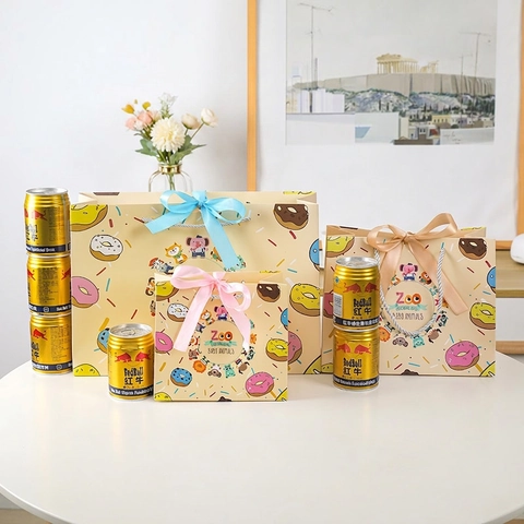 Cartoon Dier Cadeauzak Wit Karton Met Satijnen Lint Strik Voor Verjaardagsfeest Zoo Thema Donut Print Kinderen Schattige Handtas