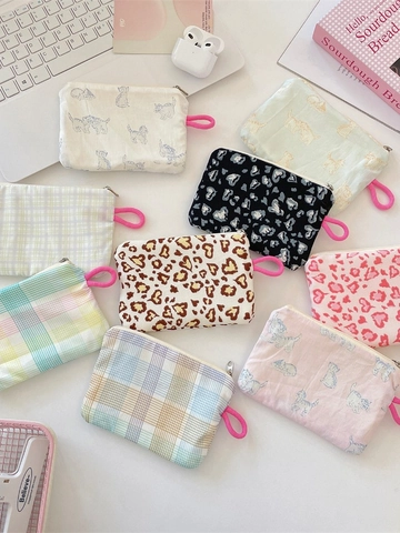 Mini Coin Purse Zipper Storage Bag Printed Polyester Cloth Pouch With Lanyard For Earphones Lipstick Small Items Cute Portable