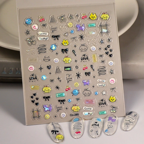 Autocollants À Ongles Relief 5D 3D Dessin Animé Chat Chien Nœud Étoile Bricolage Manucure Étanche Décoratif