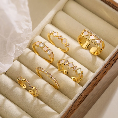 Minimalist Geometric Copper 18K Gold Plated Adjustable Open Ring With Zircon Shell Mother Of Artificial Pearl For Women