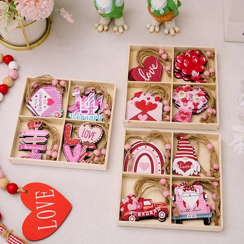 Valentine's Day Wooden Hanging Decorations Pink Heart Gnome Truck Pendants For Home Party Atmosphere Ornaments