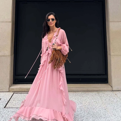 Women Elegant V Neck Chiffon Maxi Dress Pink Ruffle Layered Solid Color Long Sleeve Bohemian Vacation Style