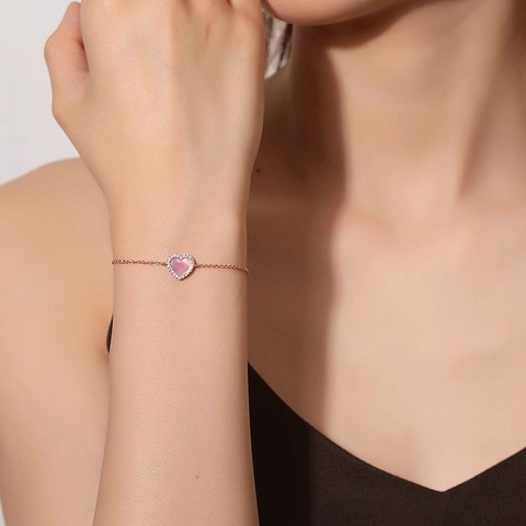 Bracciale Moda con Pendente a Cuore per Donna Rosa Bianco Madreperla Conchiglia Strass Intarsiato Gioielli Regolabili