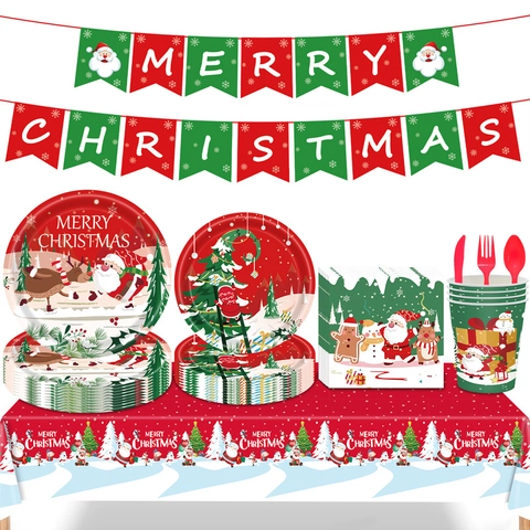 Christmas Party Disposable Tableware Paper Plates Napkins Cups Plastic Knife Fork Spoon Banner Tablecloth Festive Cartoon