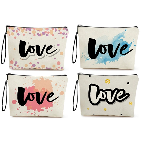 Borsa Cosmetica In Lino Con Cerniera Pochette Trucco Stampa Love Organizzatore Da Viaggio Portatile Borsa Da Polso