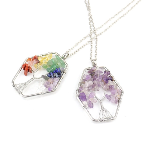 Tree Of Life Pendant Necklace Natural Crystal Crushed Stone Hexagonal Handmade Wire Wrapped Jewelry For Women Spiritual