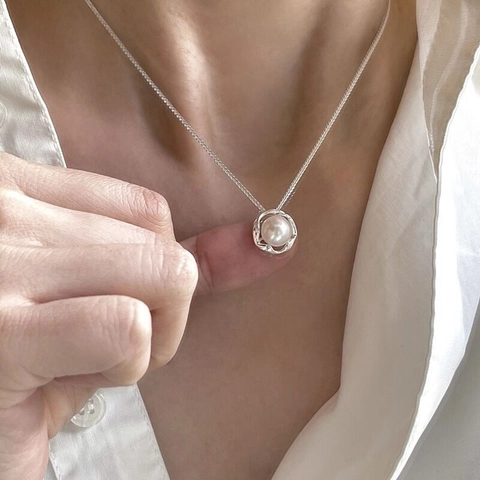 Collier Perle Eau Douce Argent Sterling 925 Style Vintage Français Chaîne Clavicule Bijoux Géométriques Minimalistes Femme
