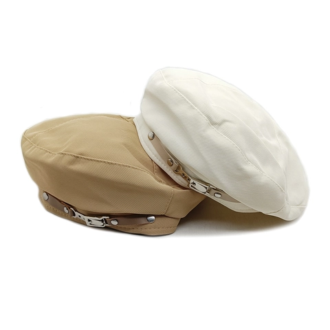 Women Vintage British Style Beret Newsboy Cap Polyester Twill Solid Color With Leather Strap Metal Buckle Retro Artist Hat