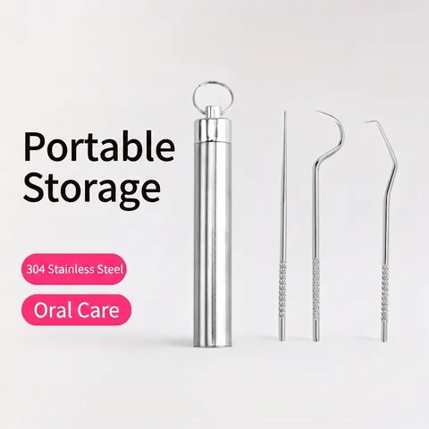 Portable Toothpick Dental Floss Kit 304 Stainless Steel Oral Cleaning Tools With Storage Holder Keychain Reusable