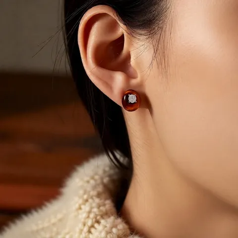 Orecchini A Lobo Ovali Vintage Occhio Di Tigre Con Intarsio Di Zircone E Perno In Argento Per Donna