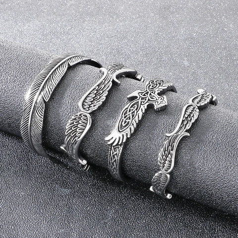 Vintage Nordic Viking Cuff Bracelet Stainless Steel Feather Eagle Wings Celtic Knot Adjustable Punk Jewelry For Men