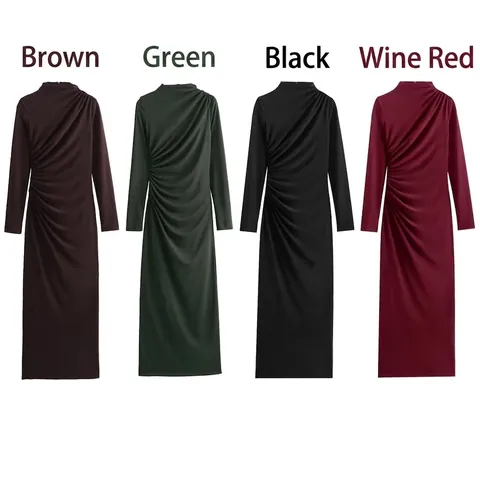 Ruched High Neck Long Sleeve Maxi Dress Slim Fit Solid Color Elegant Polyester Evening Gown