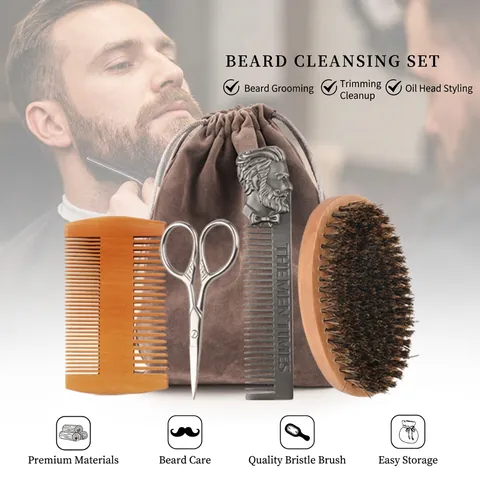 Beard Grooming Boar Bristle Brush Pearwood Double Sided Comb Metal Mustache Comb Grooming Scissors Storage Bag Men Care
