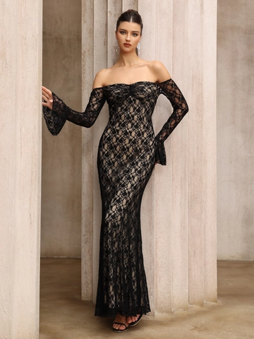 Elegante Off-Shoulder Zwarte Kant Maxi Avondjurk Met Trompetmouwen Lange Nauwsluitende Galajurk Voor Dames Formeel Feest