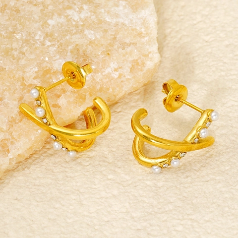 Stainless Steel Cross Stud Earrings 18K Gold Plated Geometric Intertwined Zircon Artificial Pearl Fashion Jewelry For Women