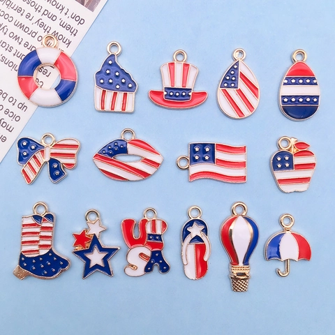 USA Flag Patriotic Charms Enamel Zinc Alloy Pendants For Jewelry Making DIY Bracelet Necklace Earrings Red White Blue Stars